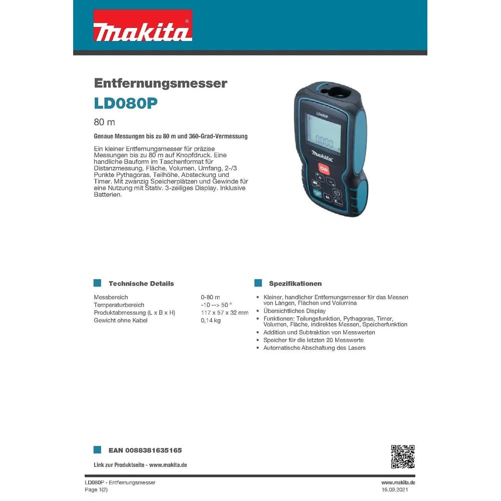 Makita Entfernungsmesser LD080P