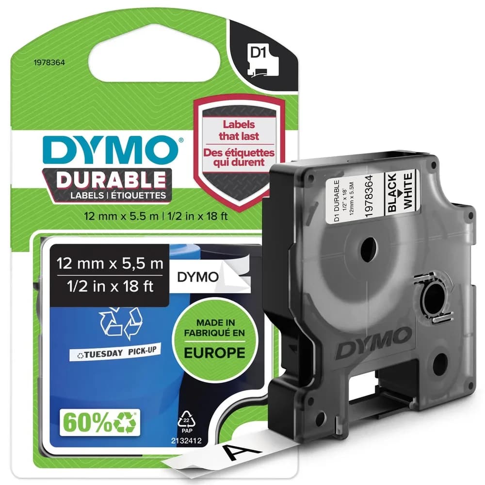 Dymo Label Band D1 1978364 schwarz auf weiß 12mm x 5,5m