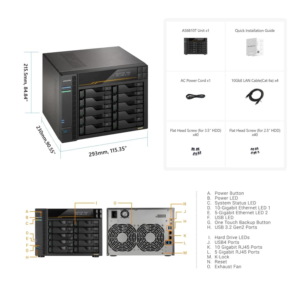 Asustor Lockerstor 10 Gen3 NAS 10-Bay AMD Ryzen V3C14 CPU, 16GB ECC DDR5 RAM, 0/10 HDD/SSD
